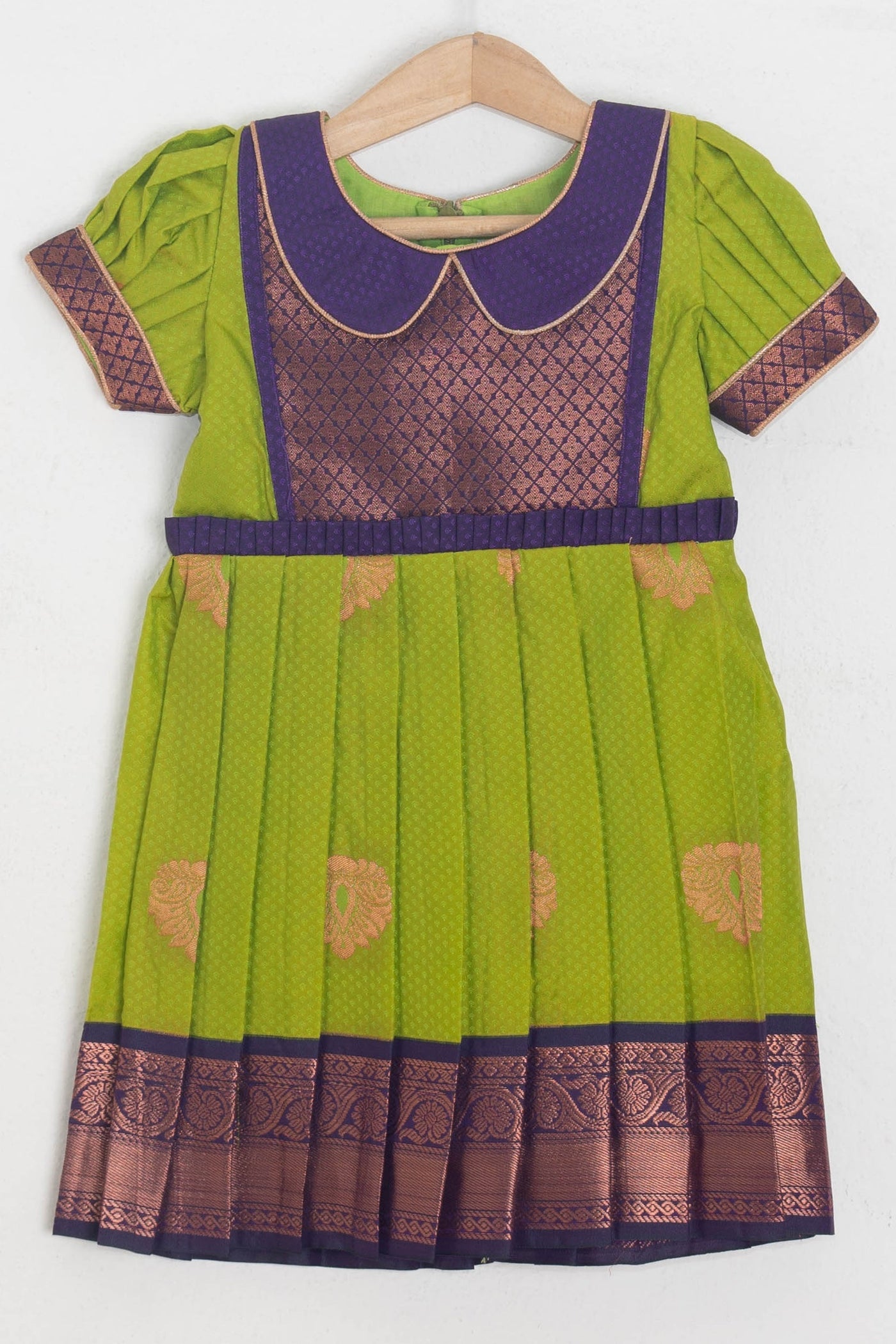 The Nesavu Silk Frocks Purple Designer Yoke And Green Semi Silk Kanchivaram With Floral Designer Border Frock For Girls psr silks Nesavu 14 (6M) / Green / Small Border SF525B