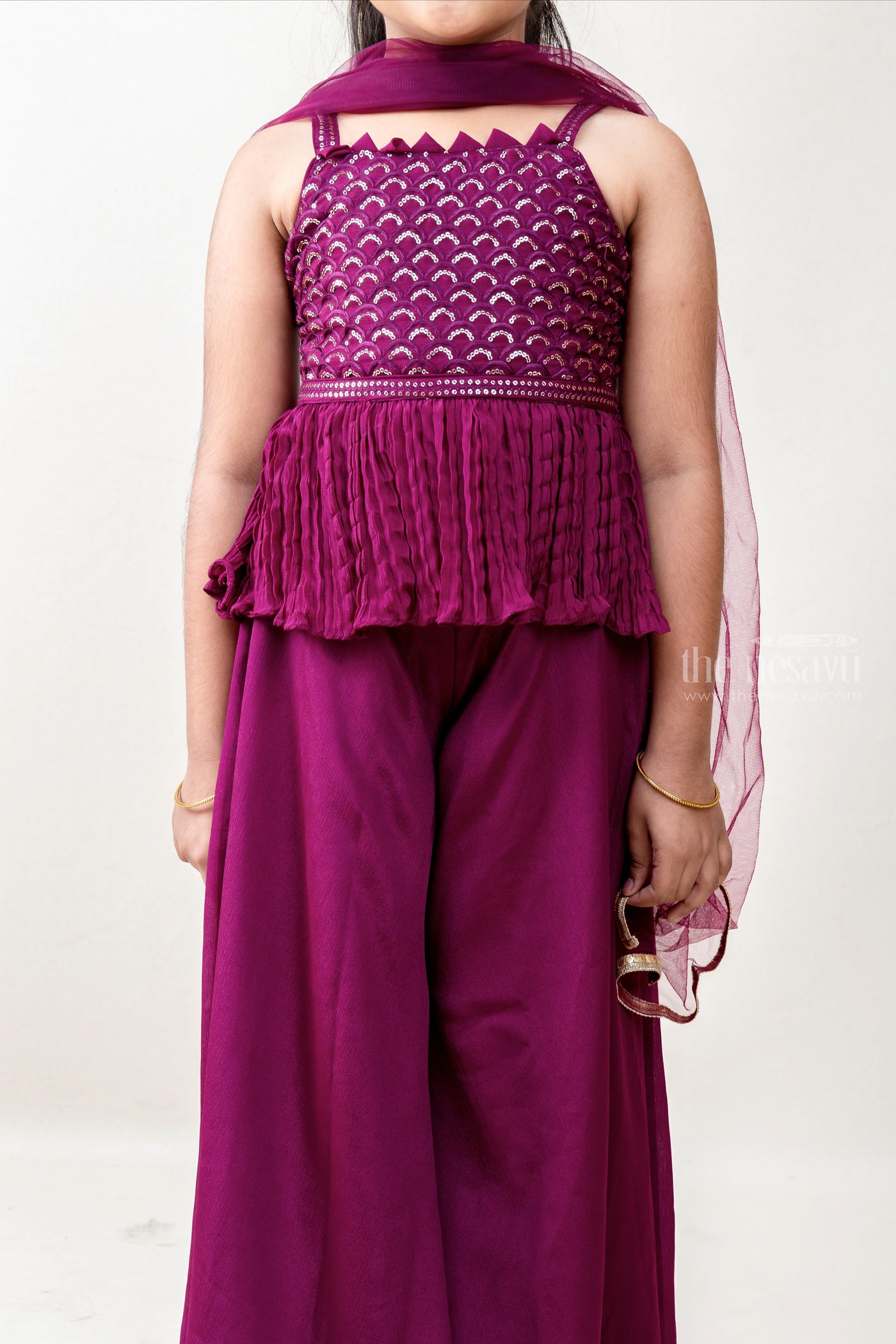 The Nesavu Sets & Suits Purple Plush - Trendy Pleated Short Tops And Cool Patiala Pants For Girls psr silks Nesavu