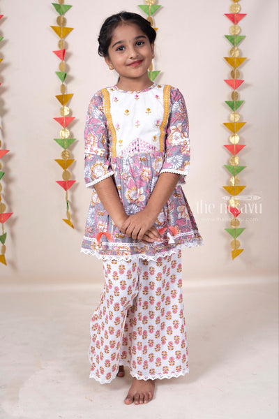 The Nesavu Sets & Suits Soft Cotton Floral Tunic Top With Parallel Lace Trim Pant For Girls psr silks Nesavu 18 (2Y) / beige GPS062