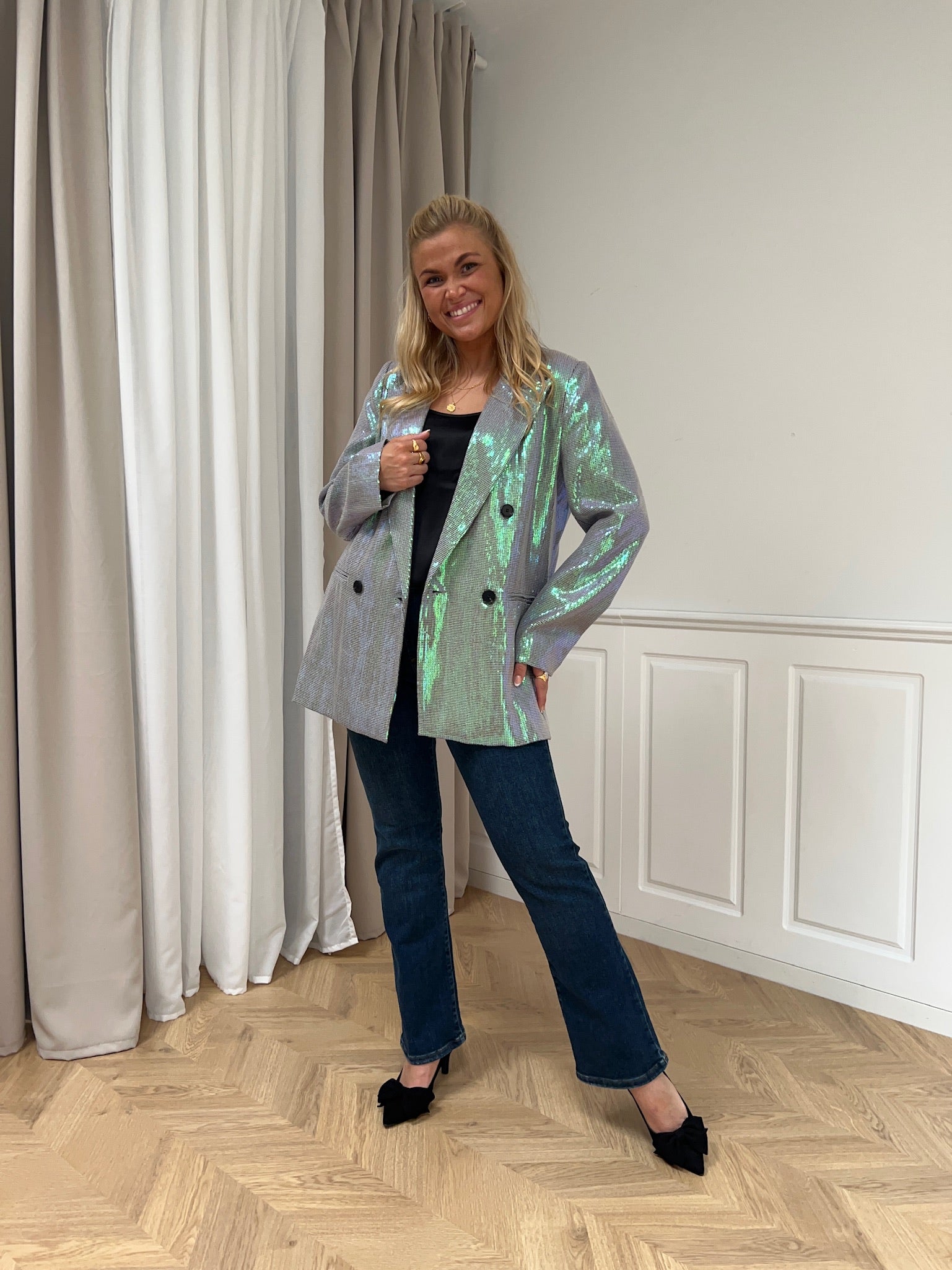 Co'Couture Alice Sequin Oversize Blazer Silver Green