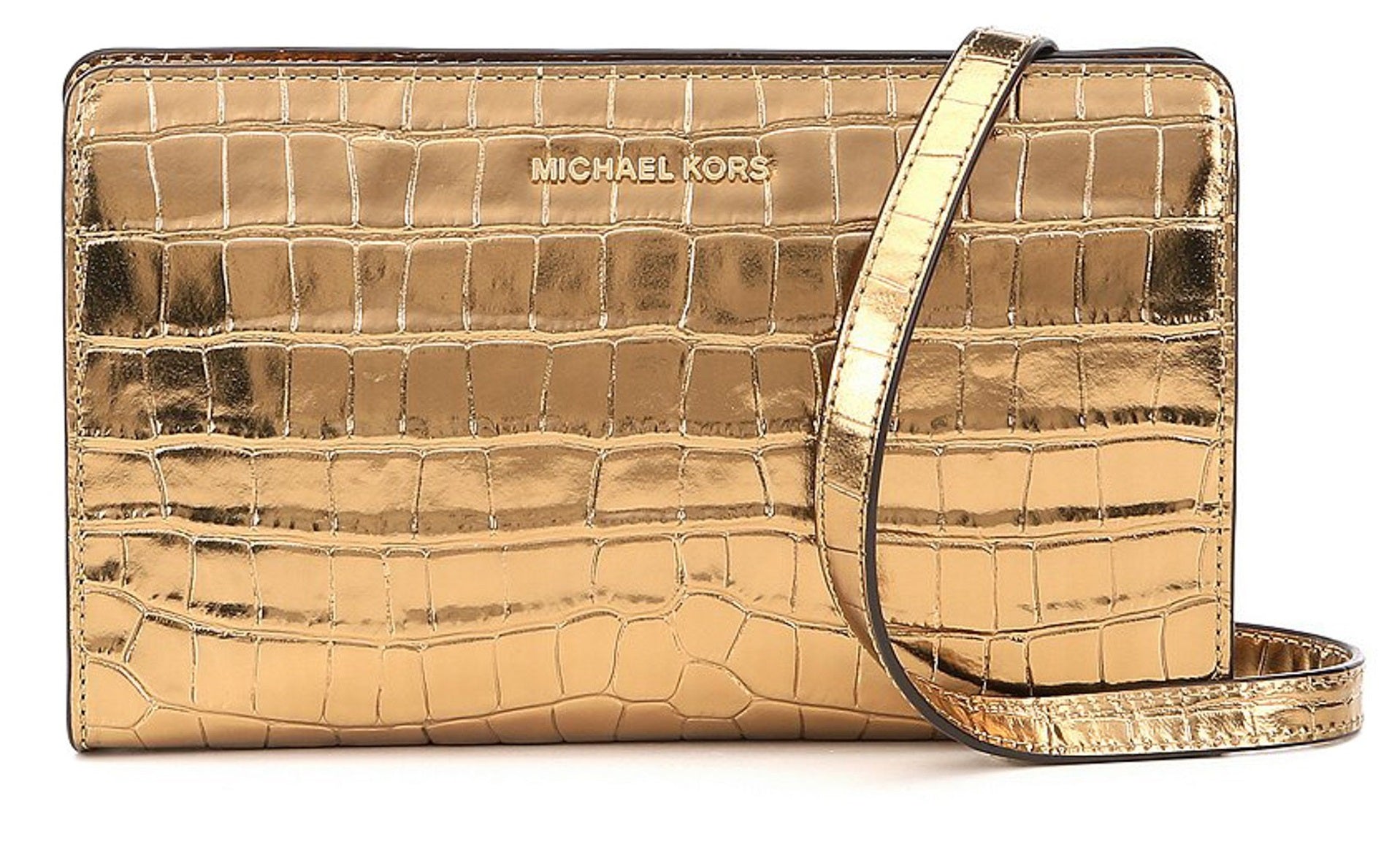Michael Kors Jet Set Travel Metallic Embossed-Leather - Crossbody Clutch - Gold -