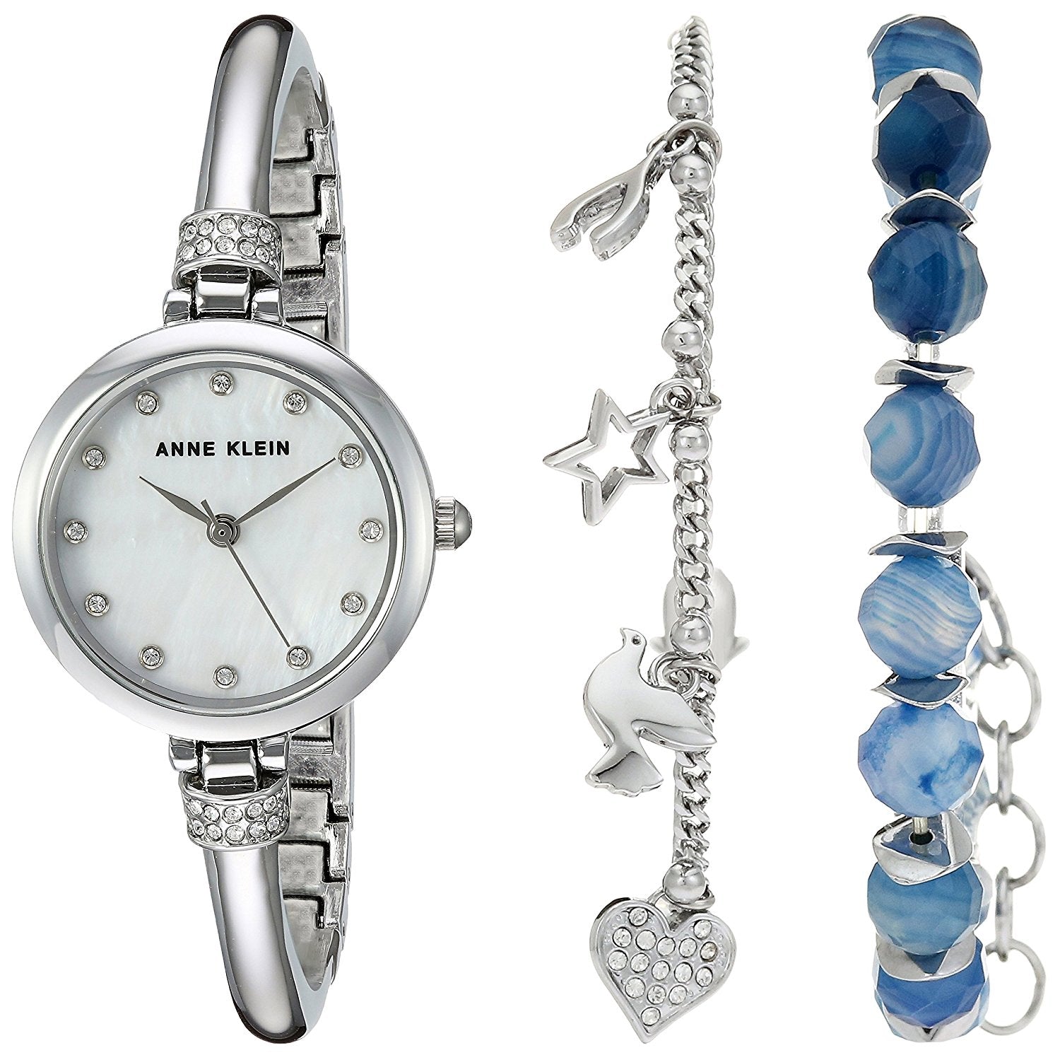 Anne Klein Beaded Bracelet Set And Silver-Tone Alloy Ladies Watch