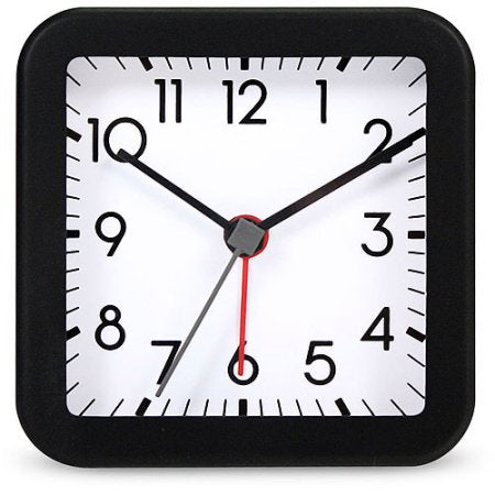 Square Quartz Analog Alarm Clock with Black Case -