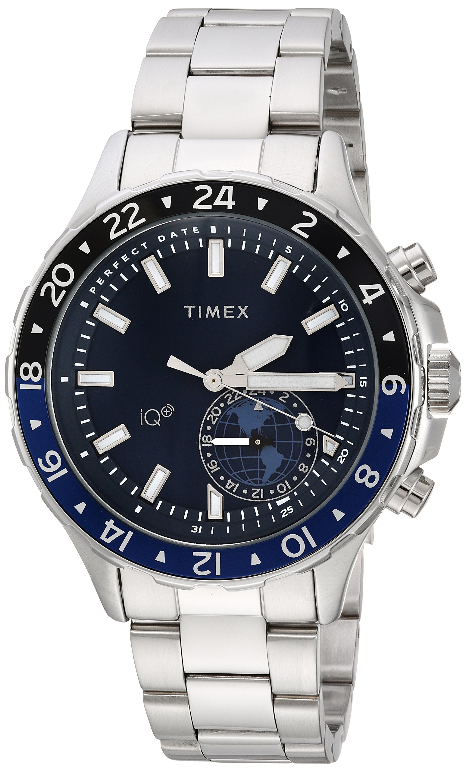 Timex Mens IQ+ Move Multi-Time Silver-Tone/Blue Stainless Steel Bracelet Watch