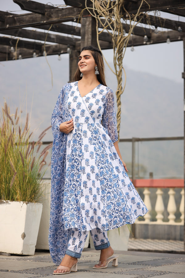 Hand Block Printed Cotton Abaya Style Suit in Off White : KER19
