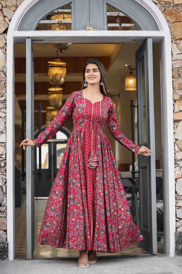 Red Cotton Crushed Anarkali Set