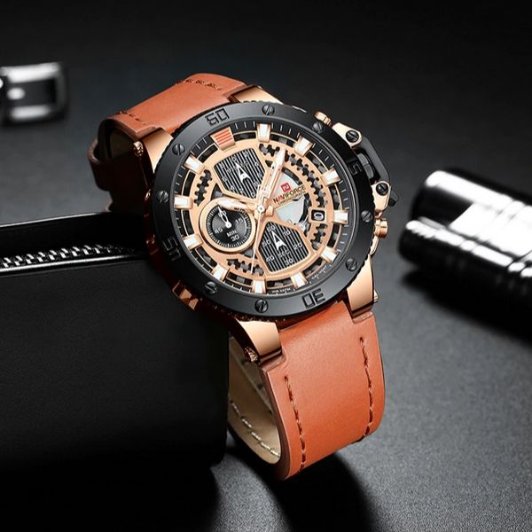 Zincon Mens Chronograph Leather Watch - Rose Gold