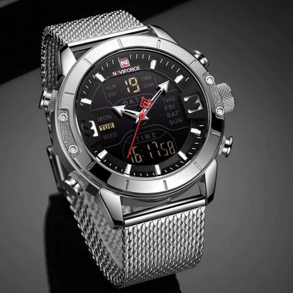 Front image silver Zonevo Stainless Steel Wrist Watch in gray background