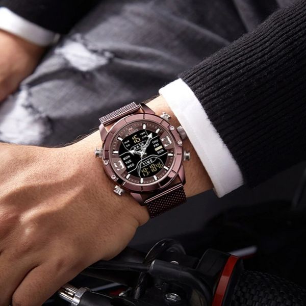 Man wearing coffee Zonevo Stainless Steel Wrist Watch on wrist