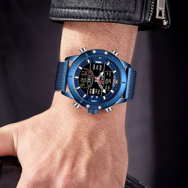 Man wearing blue Zonevo Stainless Steel Wrist Watch on wrist