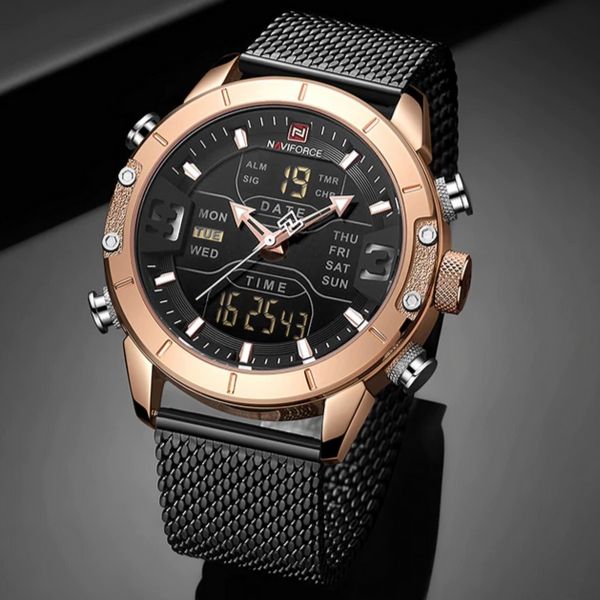 Front image gold-black Zonevo Stainless Steel Wrist Watch in gray background
