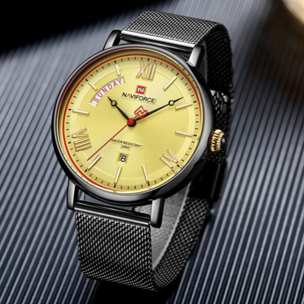Front image black-yellow Teveno Men's Stainless Steel Mesh Watch in gray background