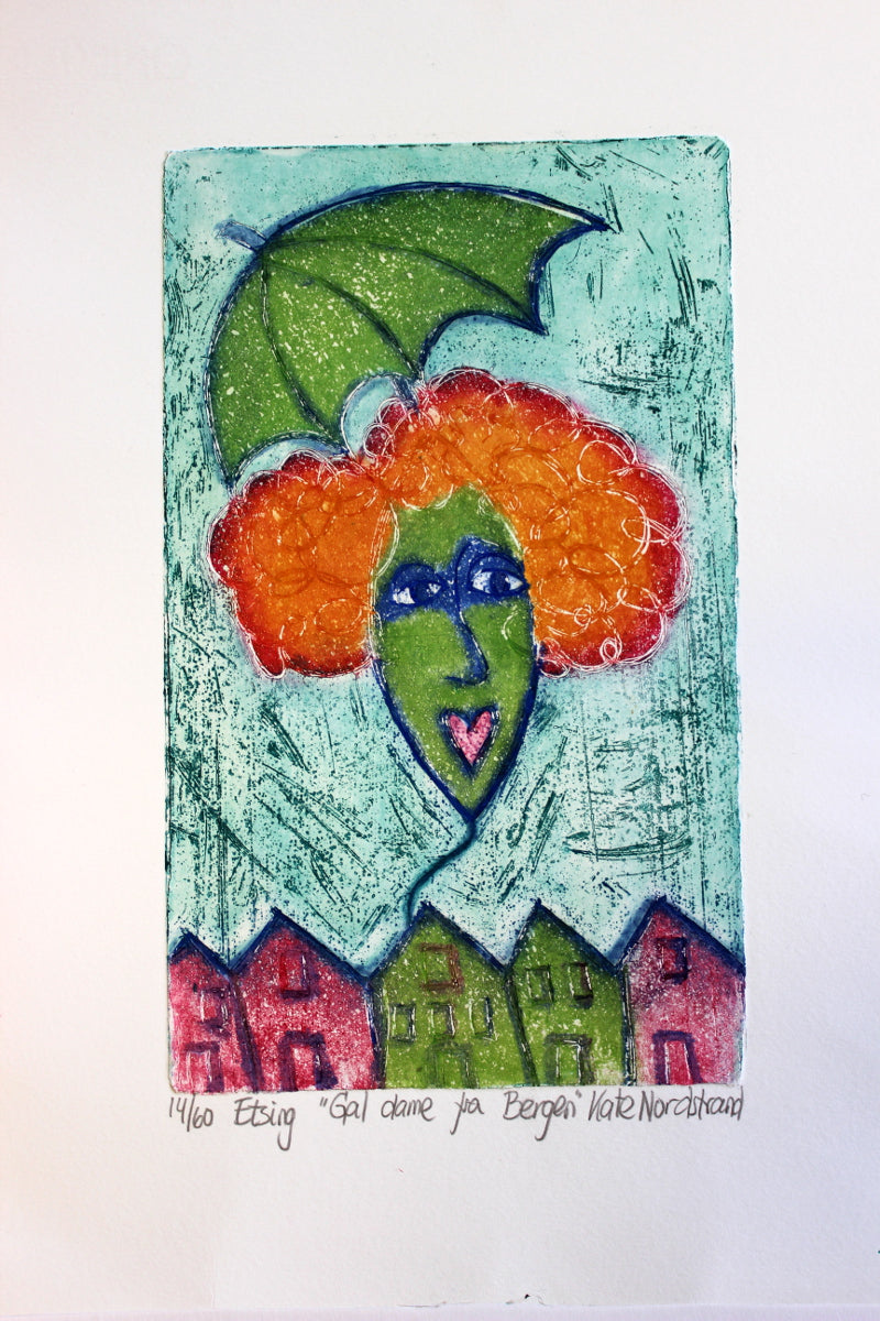 Etching "Crazy Lady from Bergen" Turquoise Background