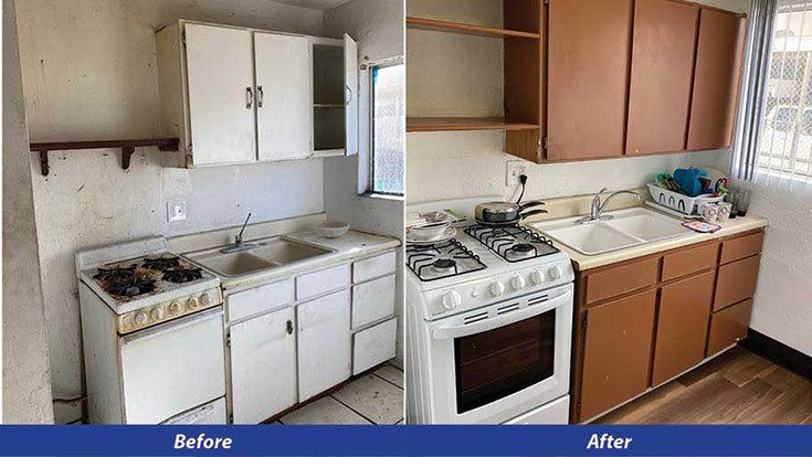 Kitchen Before and After, Jamboree’s motel conversion of Tahiti Inn permanent supportive housing