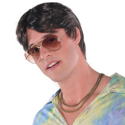 Haull Men Disco Costume Set Including Shirt Necklace Pant Sunglasses and  Curl Wig for 70s 80s Disco Party(Gold, Large)