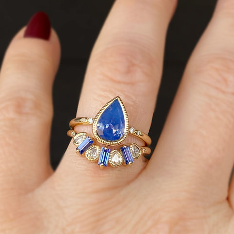 Pear Shape Blue Sapphire Engagement Ring and Contour Band EG Bespoke Ltd Emily Gill