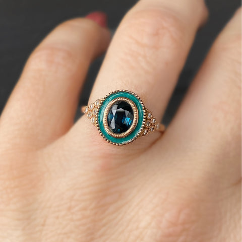 Teal Sapphire Ring Enamel Oval Engagement Ring EG Bespoke Ltd Emily Gill Jewellery