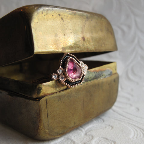 Shield Cut Pink Sapphire Rose Cut Engagement Ring Black Enamel Emily Gill EG Bespoke Ltd