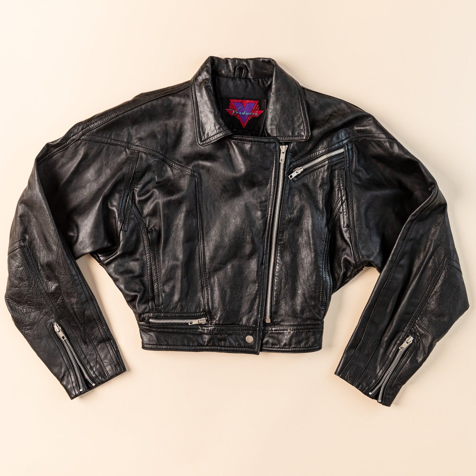 Vintage Crop Perfecto Jacket | Black Leather Moto Jacket | 80's