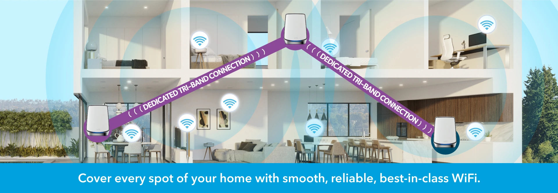 With Orbi Mesh dedicated backhaul streams, use the satellites to cover every inch of your home with smooth, reliable, best-in-class WiFi