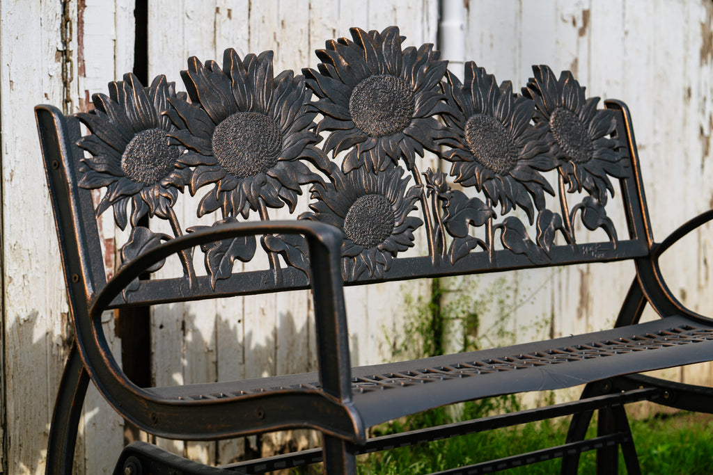 Cast Iron Sunflower Glider Bench designed by Painted Sky Designs