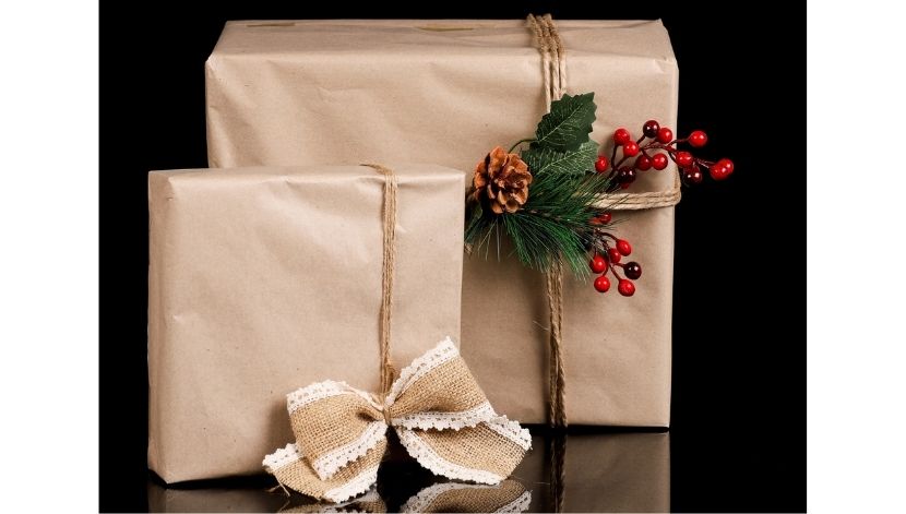 Gifts wrapped in a repurposed brown paper