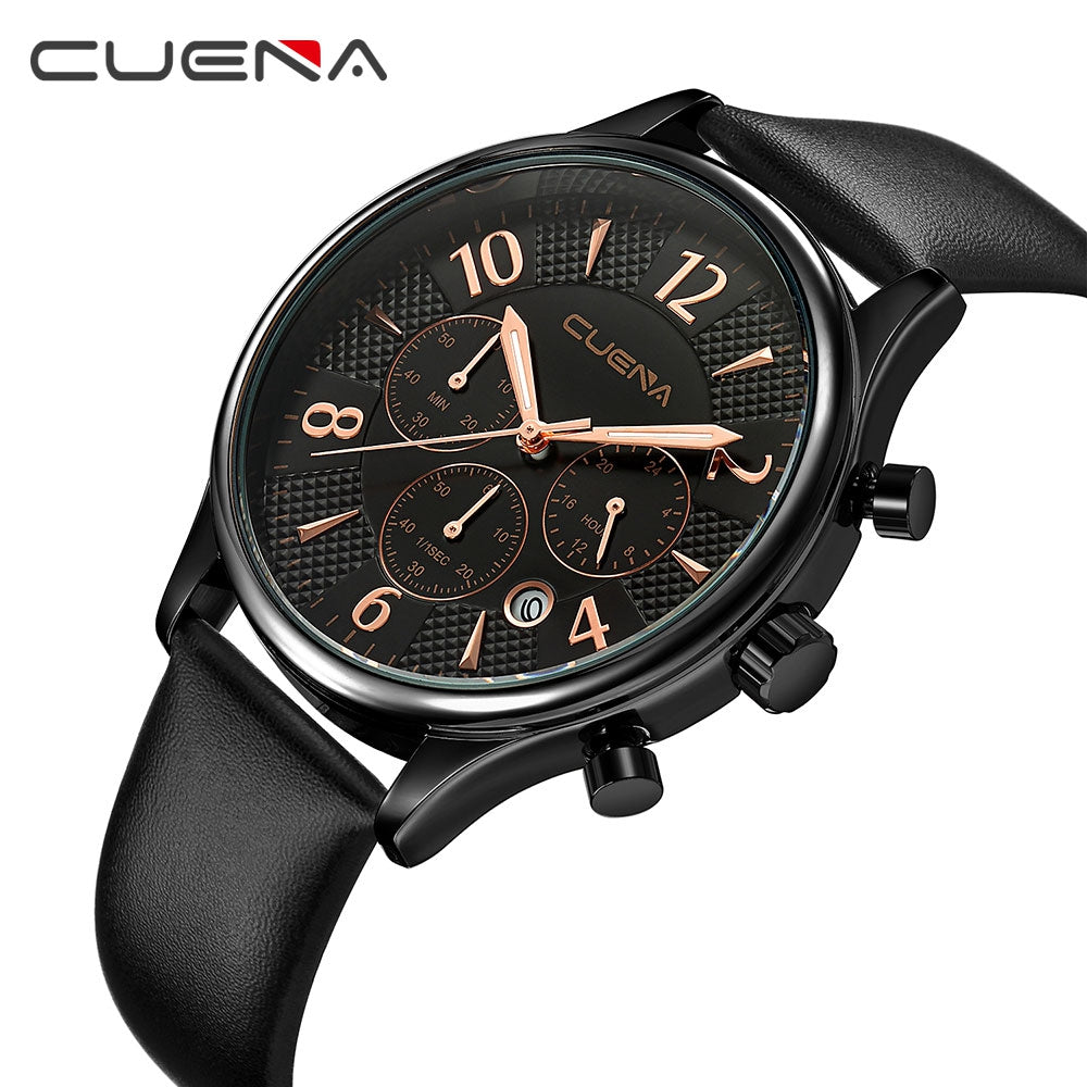 CUENA 6919P Men Multifunction Working Quartz Genuine Leather Watchband Waterproof Watch