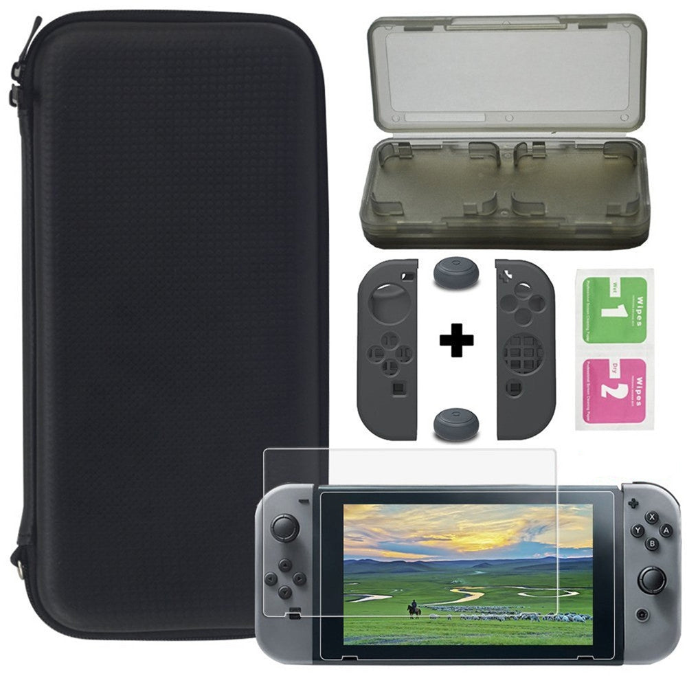 Black Portabable Travel Kit w/Pouch + Screen Protector for Nintendo Switch