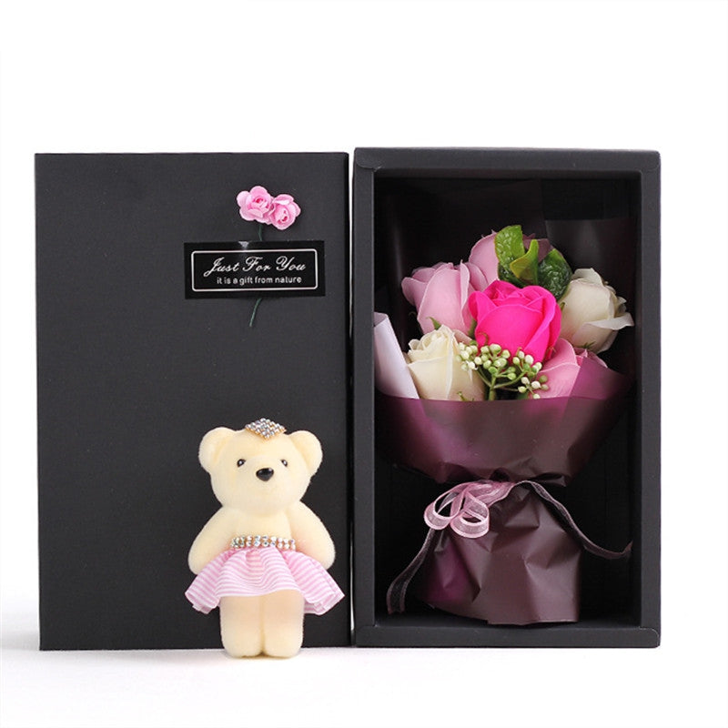 6Pcs Box Romantic Rose Soap Flower With Little Cute Bear Doll Great for Valentine's Day Wedding ...