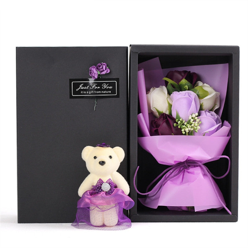 6Pcs Box Romantic Rose Soap Flower With Little Cute Bear Doll Great for Valentine's Day Wedding ...