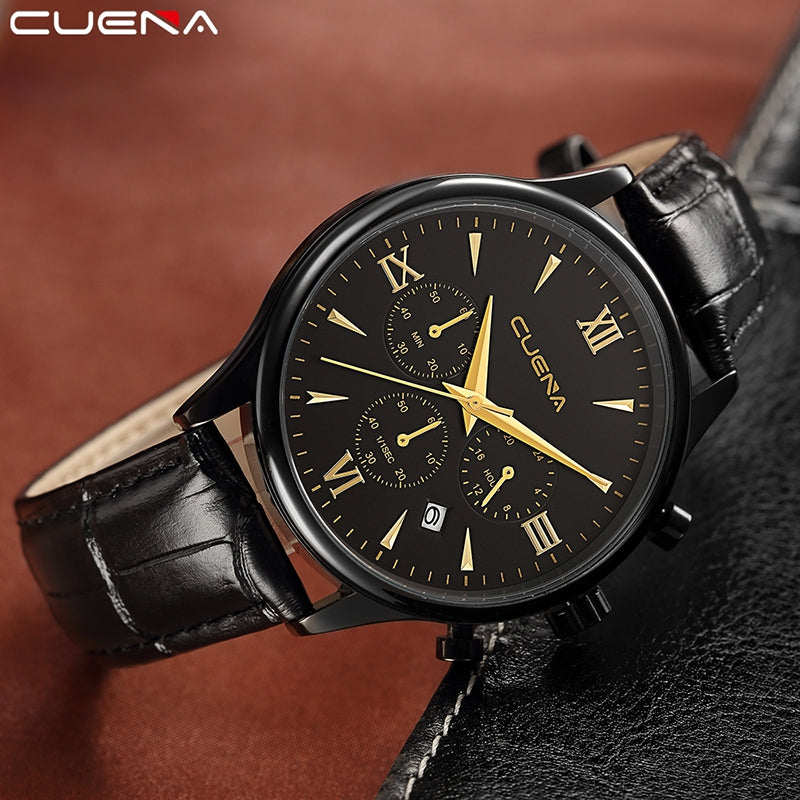 CUENA 6802P Genuine Leather Band Multifunction Men Quartz Watch