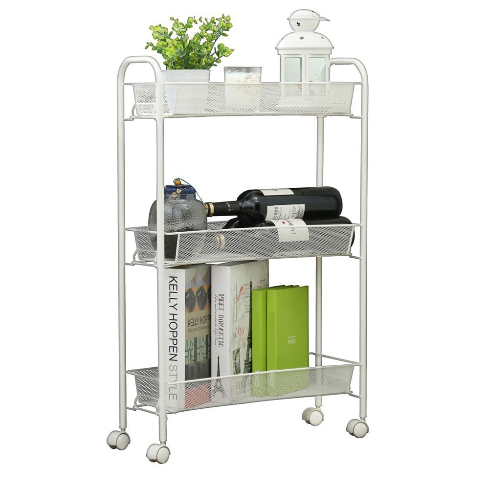 3 Tier Mesh Rolling Kitchen Cart with 3 baskets Slim Slide Out Storage for Narrow Space