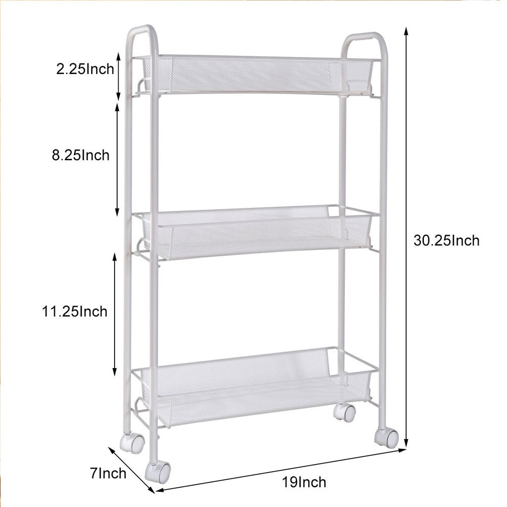 3 Tier Mesh Rolling Kitchen Cart with 3 baskets Slim Slide Out Storage for Narrow Space