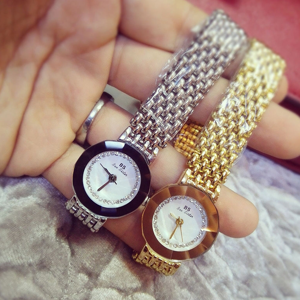 BS Womens  Top Brand Luxury Simulated Diamond  Stainless Steel Quartz Watch Clock