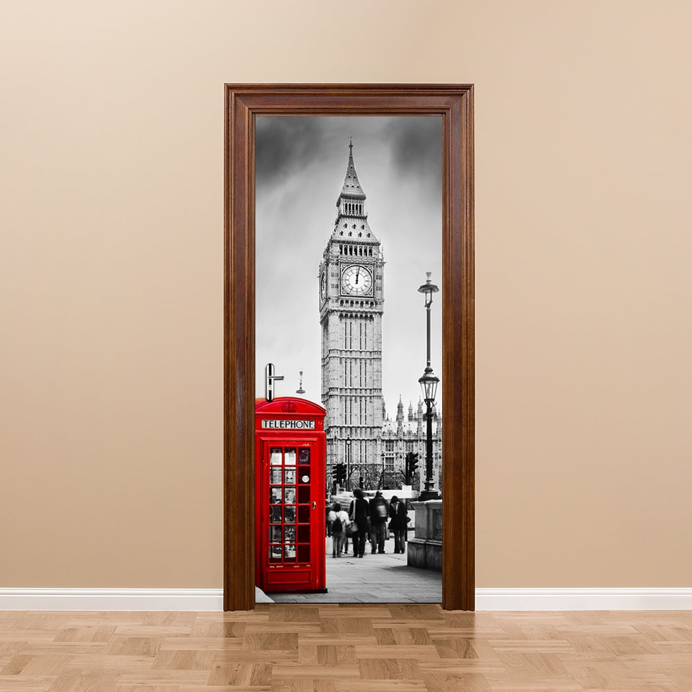 3D Door Mural Stickers British Big Ben Telephone Booth Street View Decals