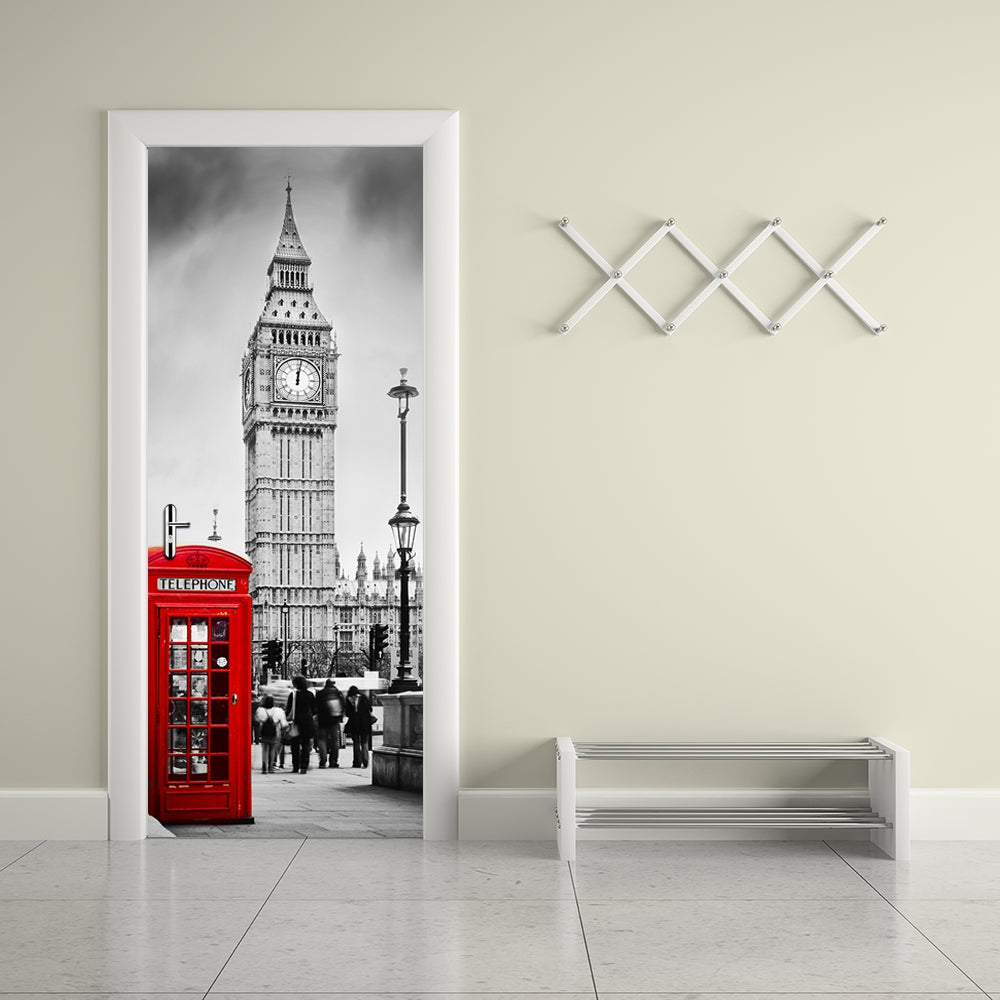 3D Door Mural Stickers British Big Ben Telephone Booth Street View Decals