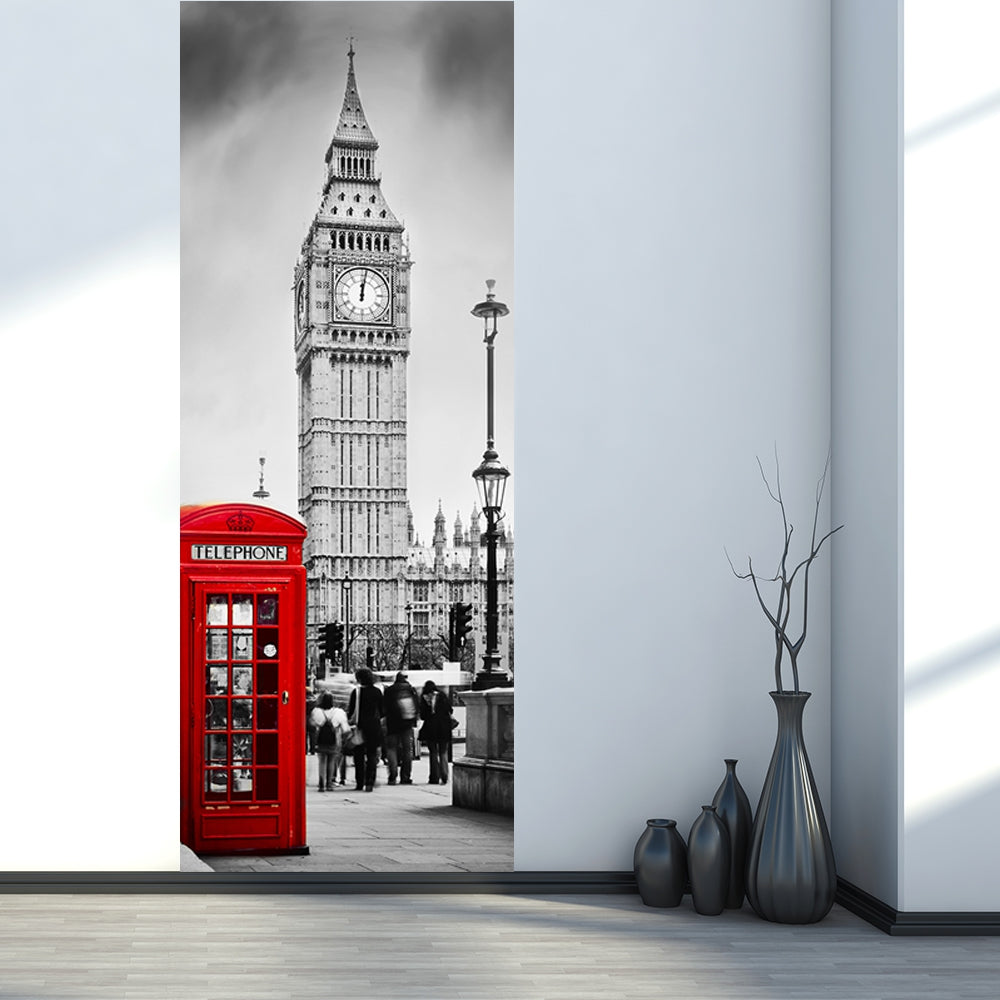 3D Door Mural Stickers British Big Ben Telephone Booth Street View Decals