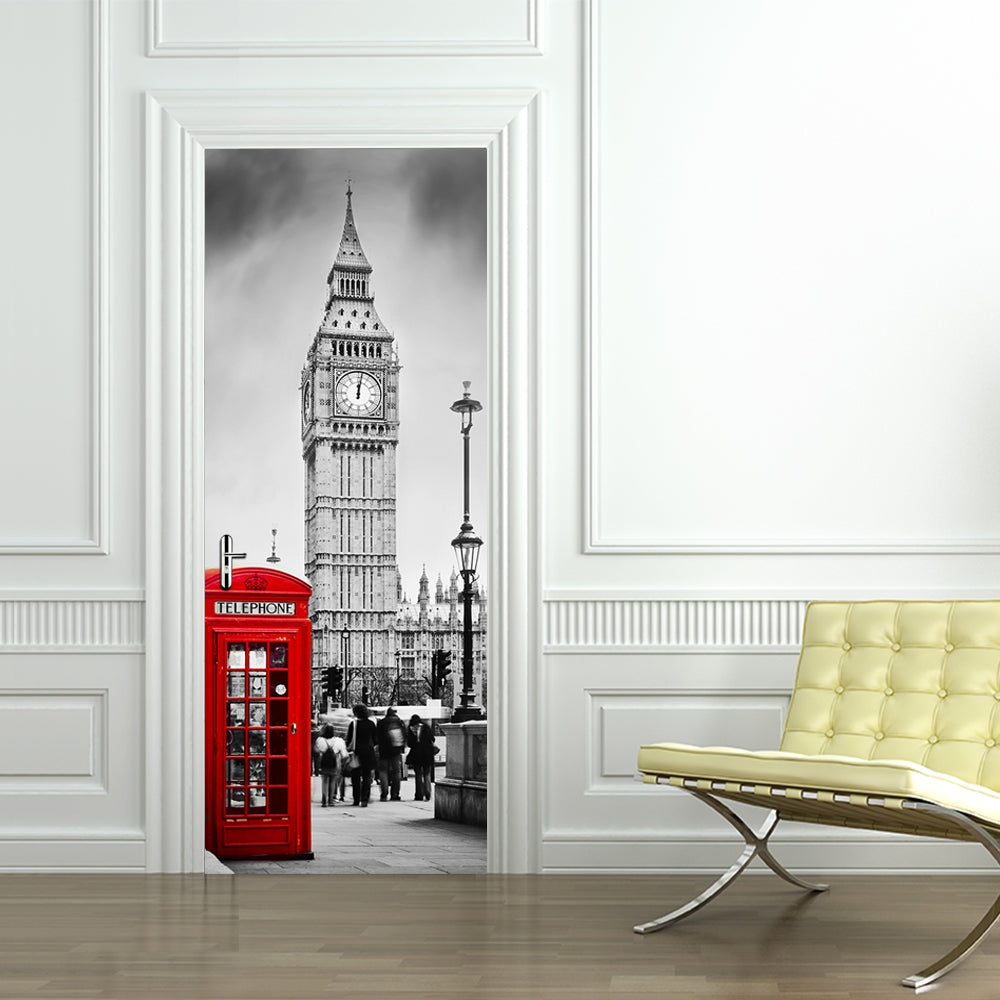 3D Door Mural Stickers British Big Ben Telephone Booth Street View Decals