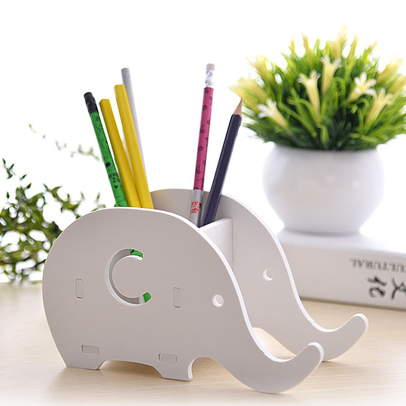 DIY Cute Elephant Phone Stents Rack Multi-function Office Pencil Case Wooden Storage Box