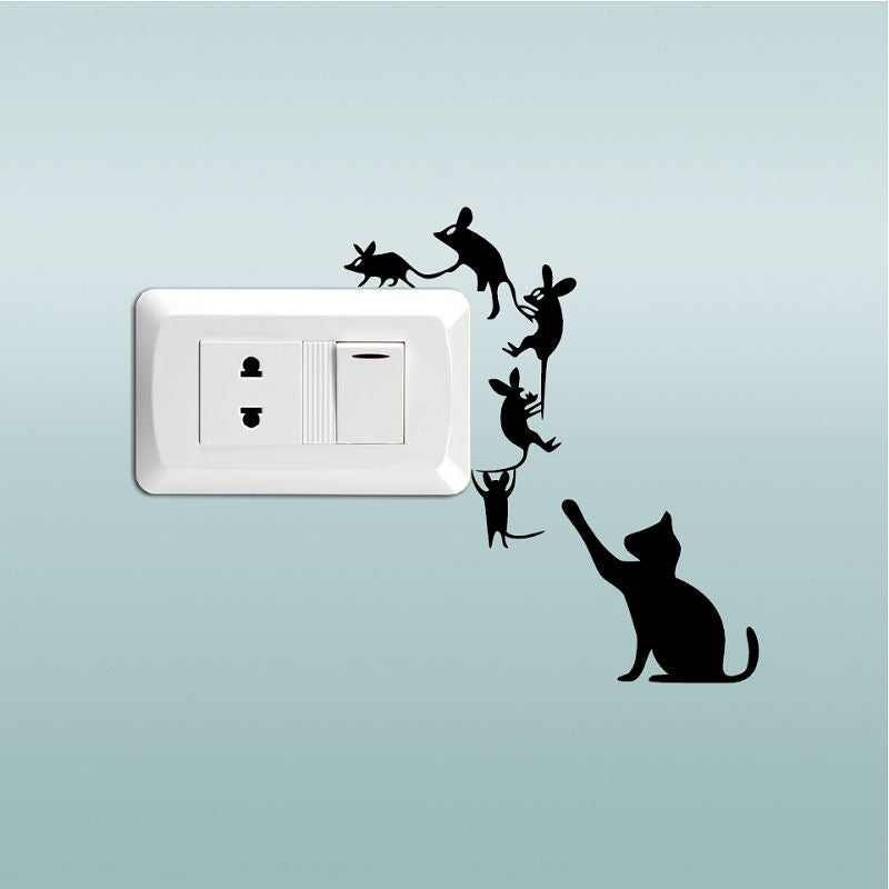 DSU  Creative Cat Catch Mice Switch Sticker Funny Cartoon Animal Vinyl Wall Stickers