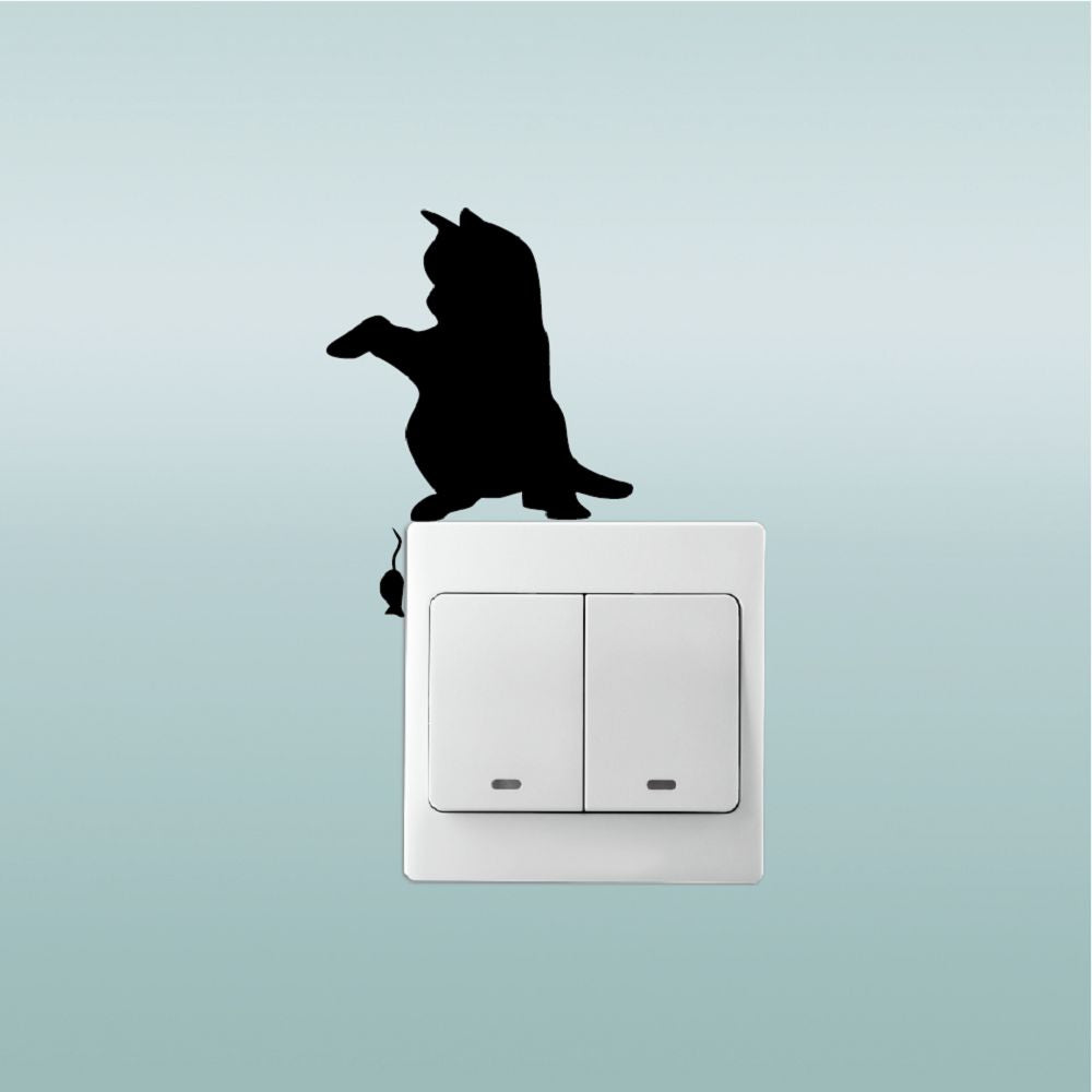 Cat-123 Funny Cat Catching Mouse Light Switch Sticker Cartoon Animal Vinyl Wall Sticker