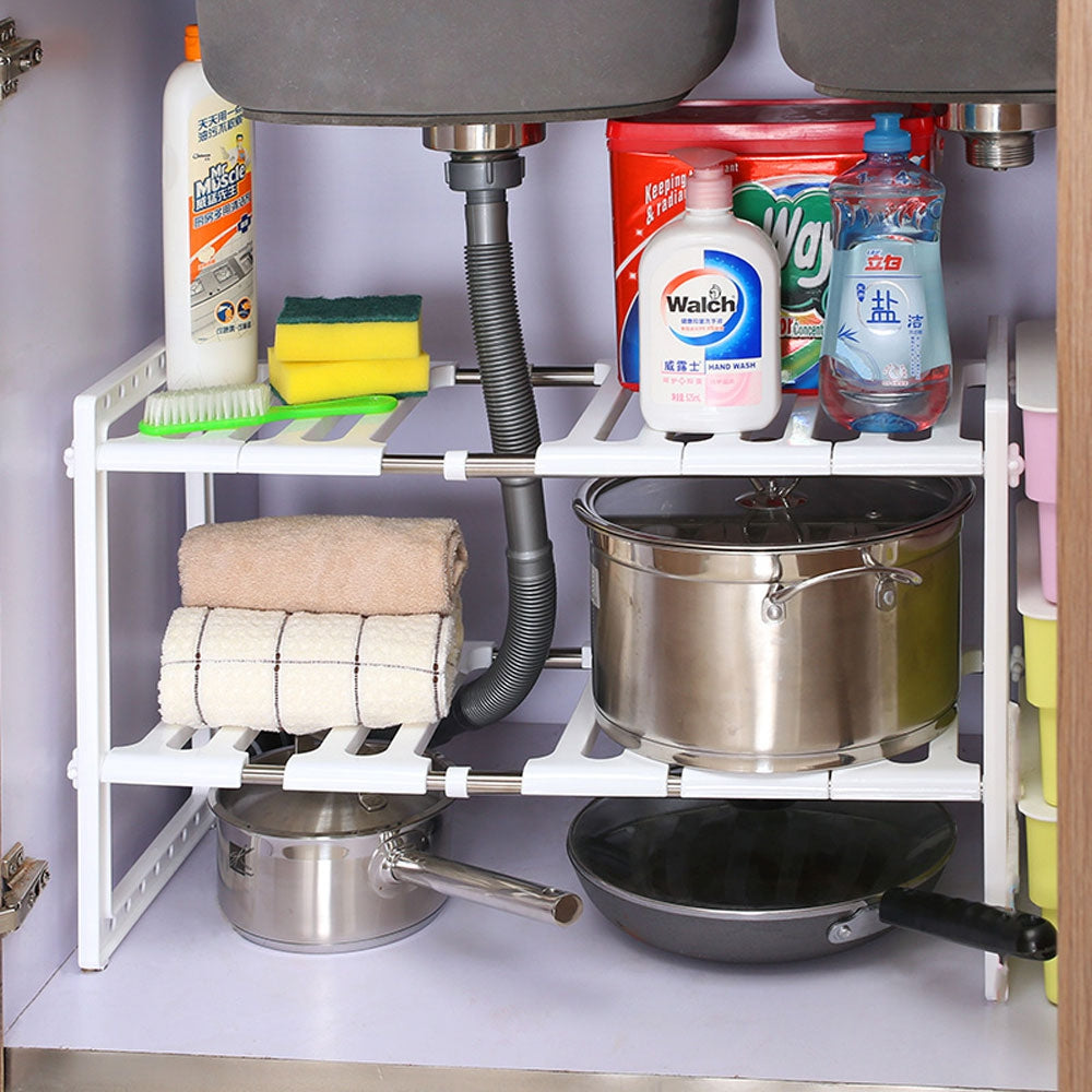 2 Tier Adjustable Under Kitchen Sink Shelf Under Cabinet Organizer Free Expansion