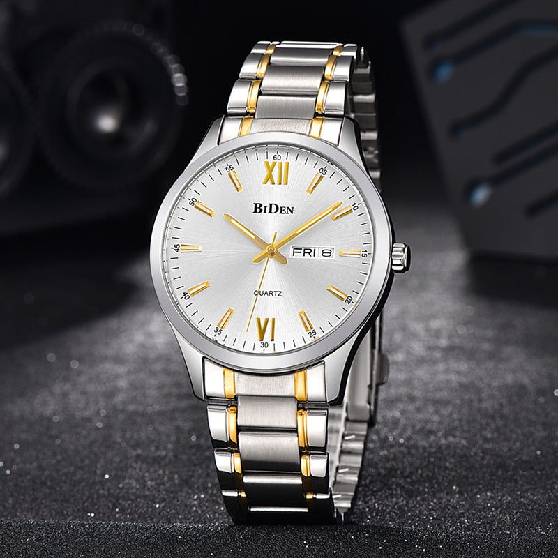 brand Men'S Watches, Waterproof Steel Male Table, Double Calendar Quartz Watch Retro Watch