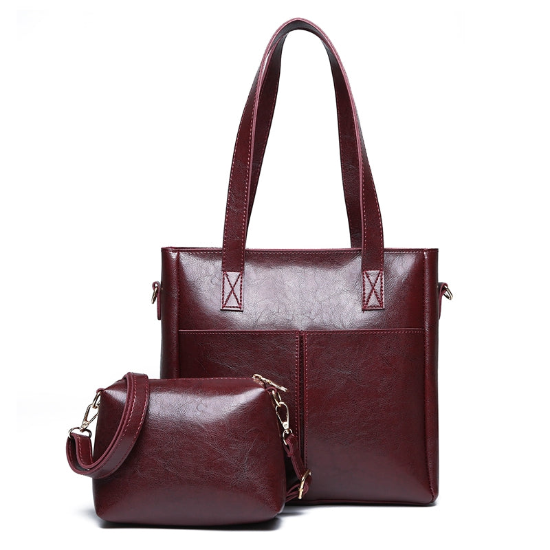 2Pcs Fashion Solid Color Oil Bag Leather Handbag