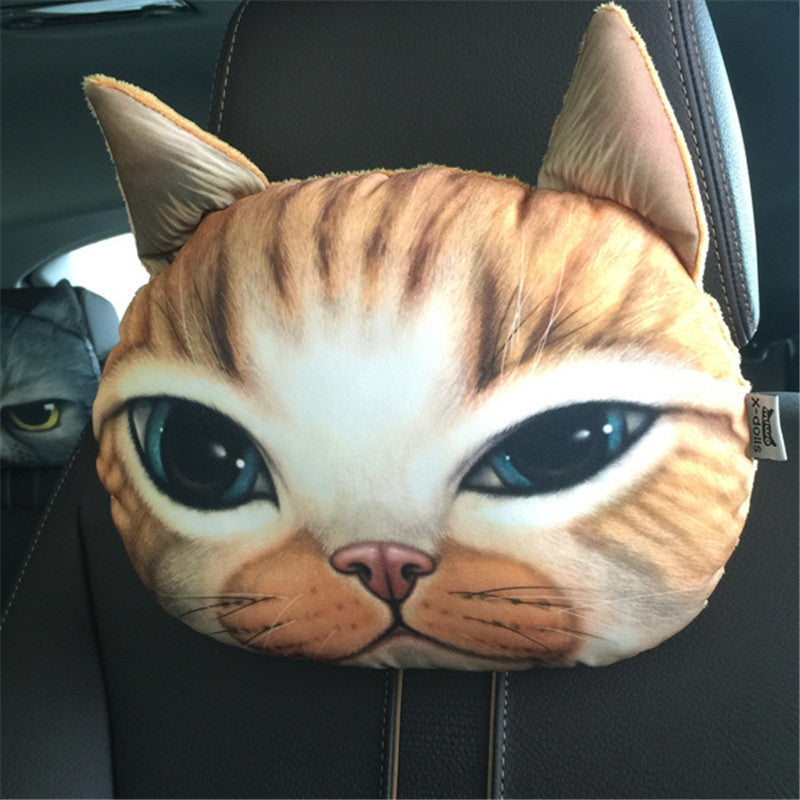 3D Animal Head Car Neck Pillow Travel Seat Plush Creative Cat Face Sofa Seat Cushion with Bamboo...