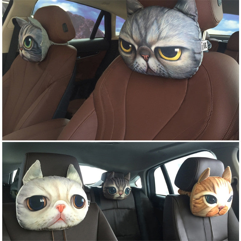 3D Animal Head Car Neck Pillow Travel Seat Plush Creative Cat Face Sofa Seat Cushion with Bamboo...