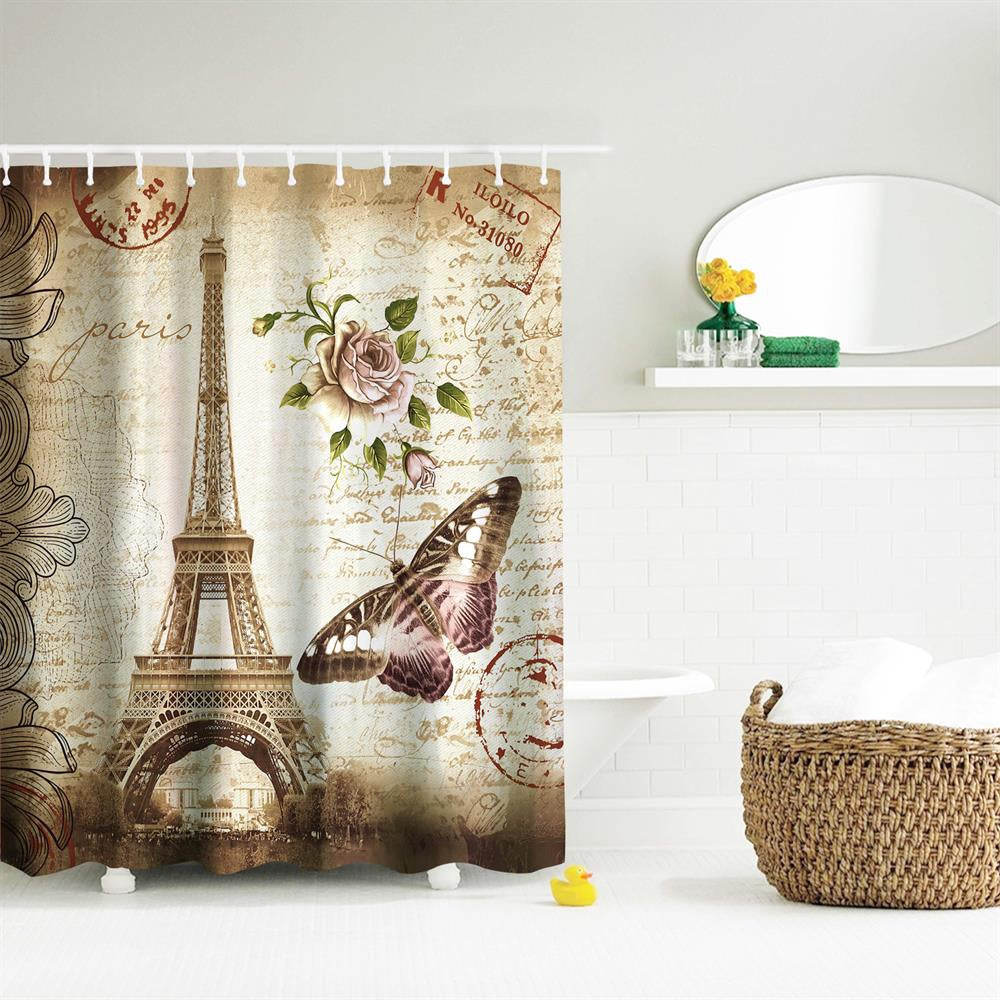 Butterfly Tower Polyester Shower Curtain Bathroom  High Definition 3D Printing Water-Proof
