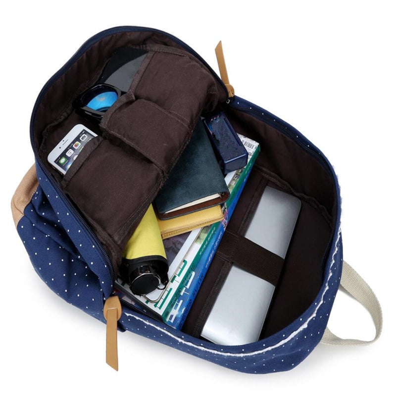 Aolida 823 Large Capacity Polkadot Backpack Printed Canvas School Bag