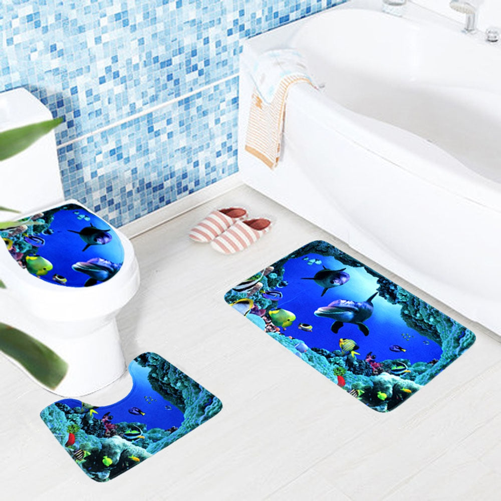 3PCS/SET Bathroom Toilet Non-Slip Blue Ocean Style Pedestal Rug Lid Toilet Cover Bath Mat