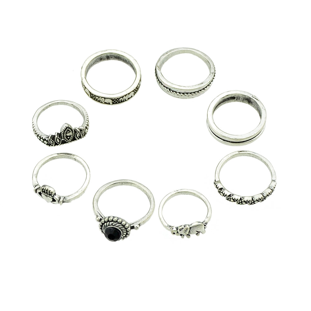 8pcs Bohemia Jewelry Bijoux  With Black Stone Crown Elephant Shape Concise Finger Rings